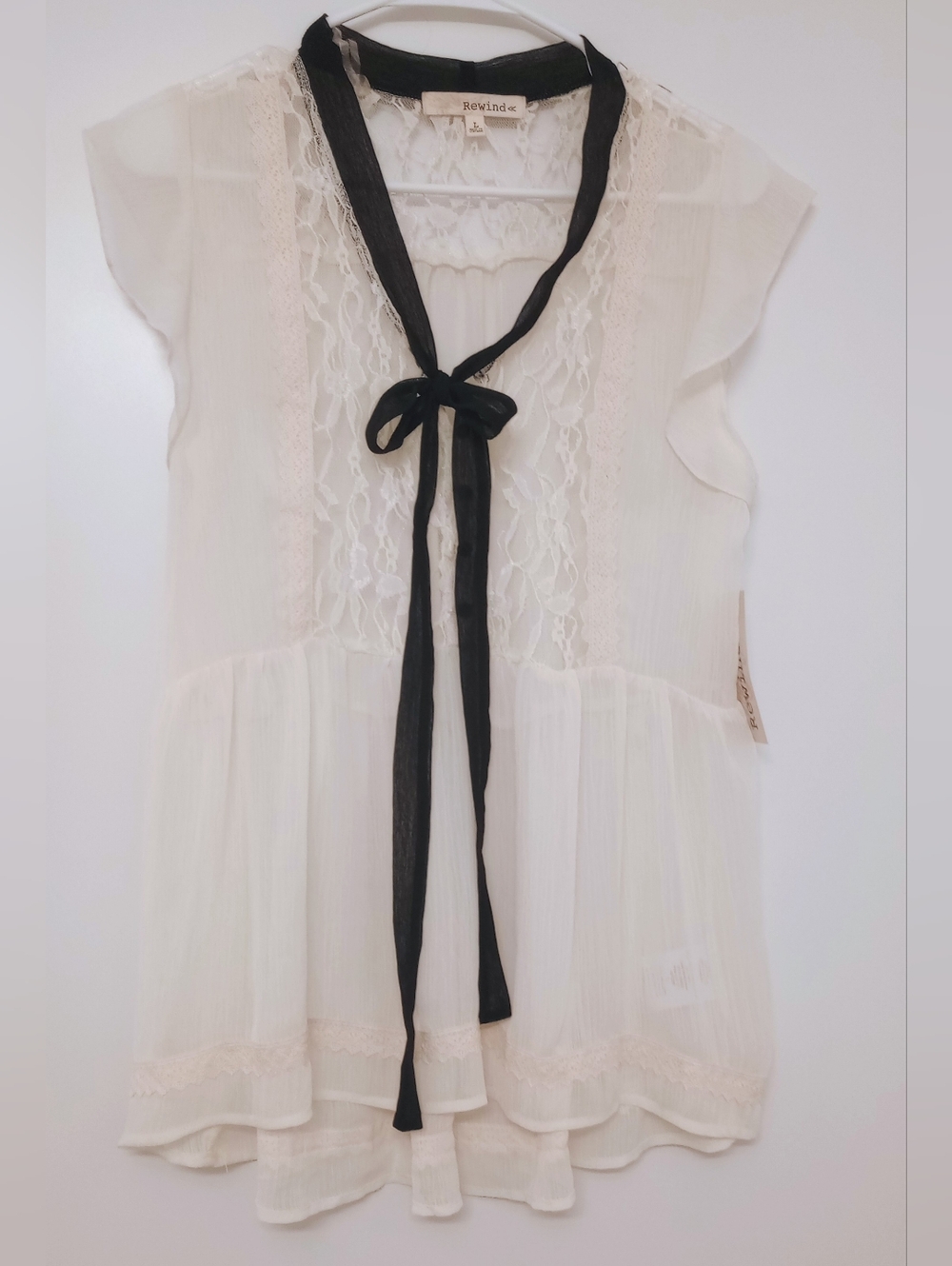 New With Tag Sheer Cream Lace Blouse with Black Tie, By Rewind, Size L